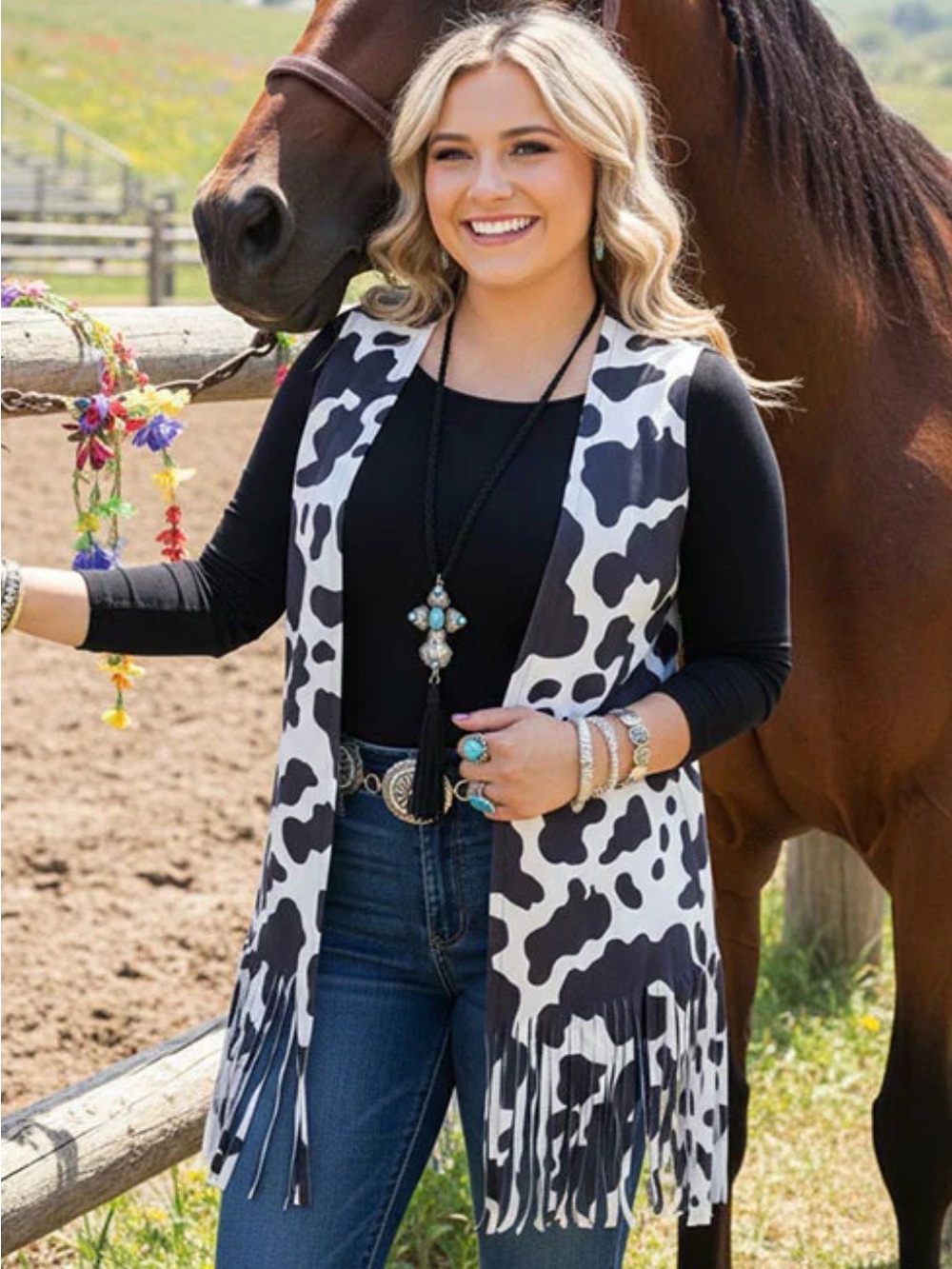 Cow Print Fringe Vest - Black and White Women’s Vest